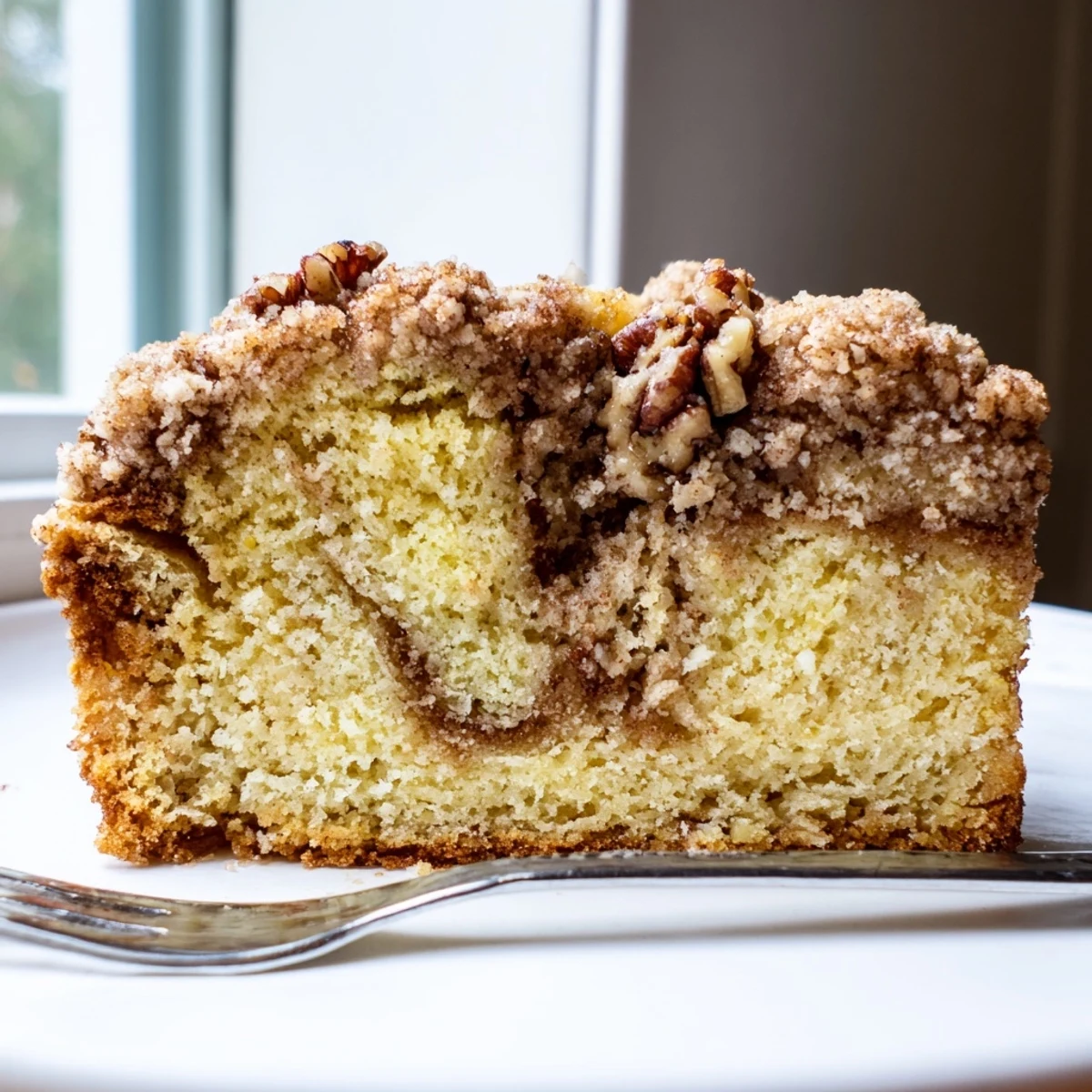 A warm slice of Cinnamon Pecan Crunch Coffee Cake served on a rustic white plate
