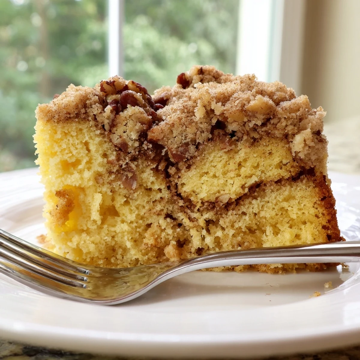 Cinnamon Pecan Crunch Coffee Cake bubbling with melted brown sugar and toasted chopped pecans