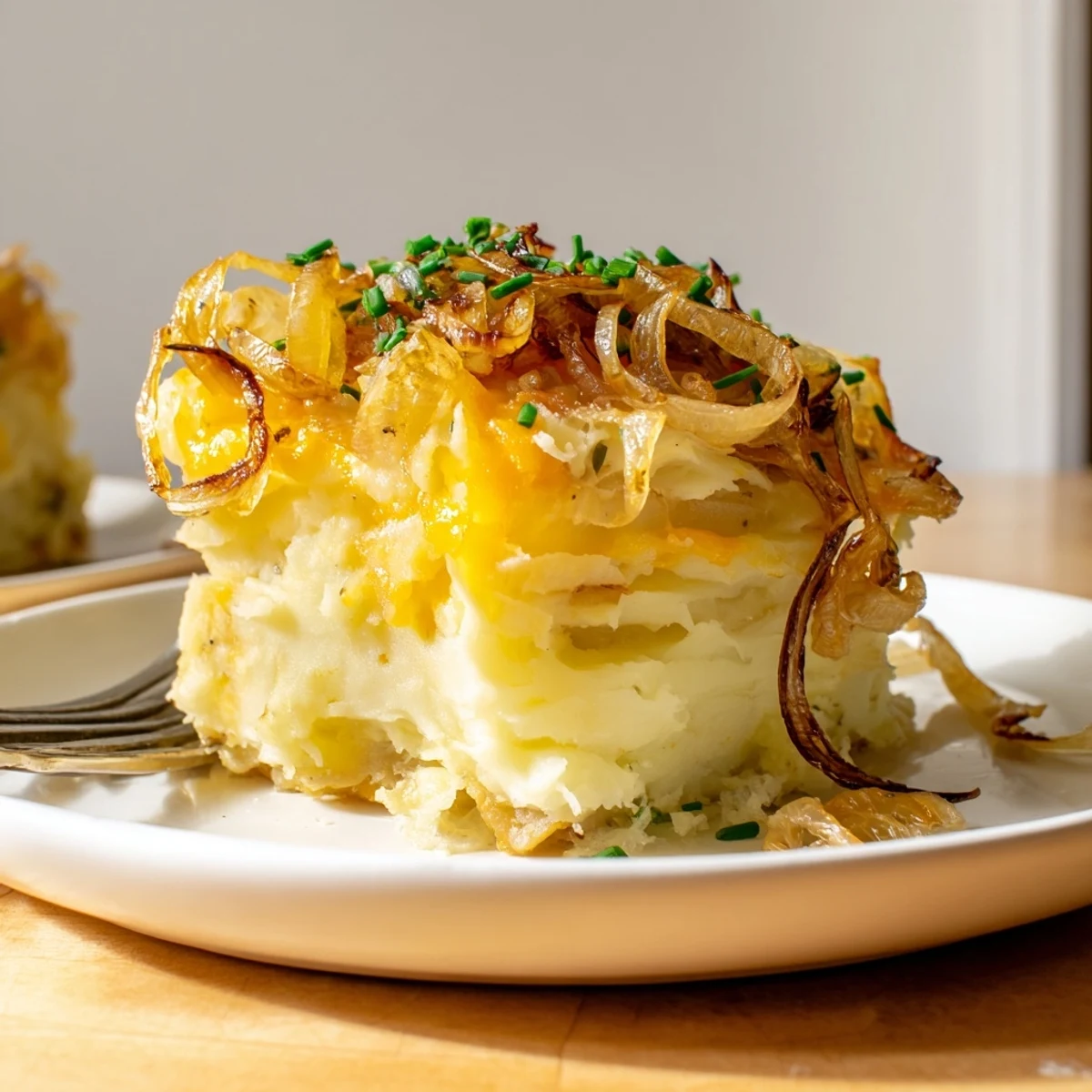 Golden bubbling cheesy onion mashed potato casserole fresh from the oven with melted cheddar on top