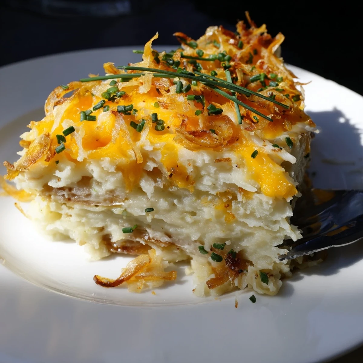 Creamy cheesy onion mashed potato casserole topped with caramelized onions and gooily stretched sharp cheddar