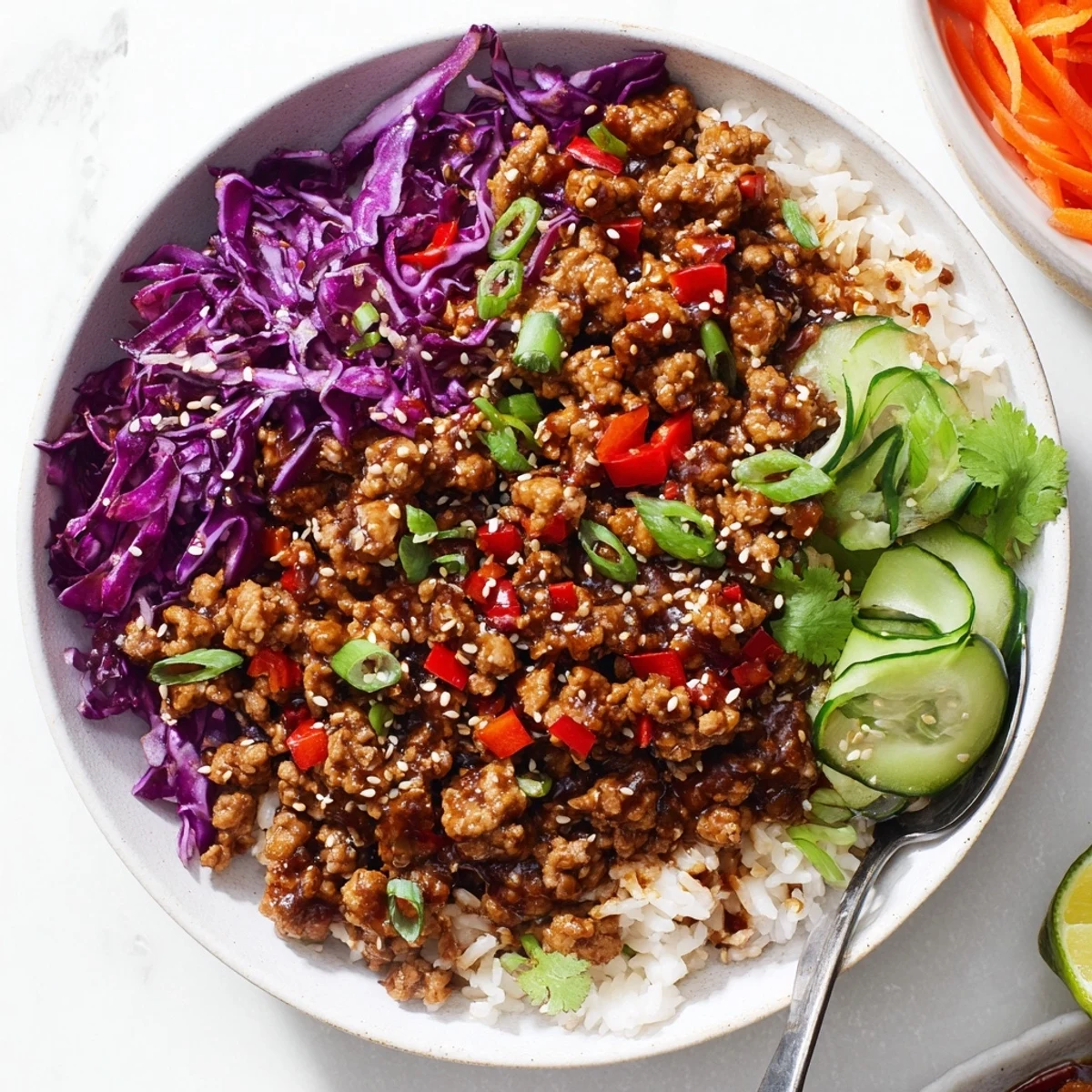 Ground Turkey Rice Bowls topped with colorful crisp veggies and sesame seeds on fluffy jasmine rice