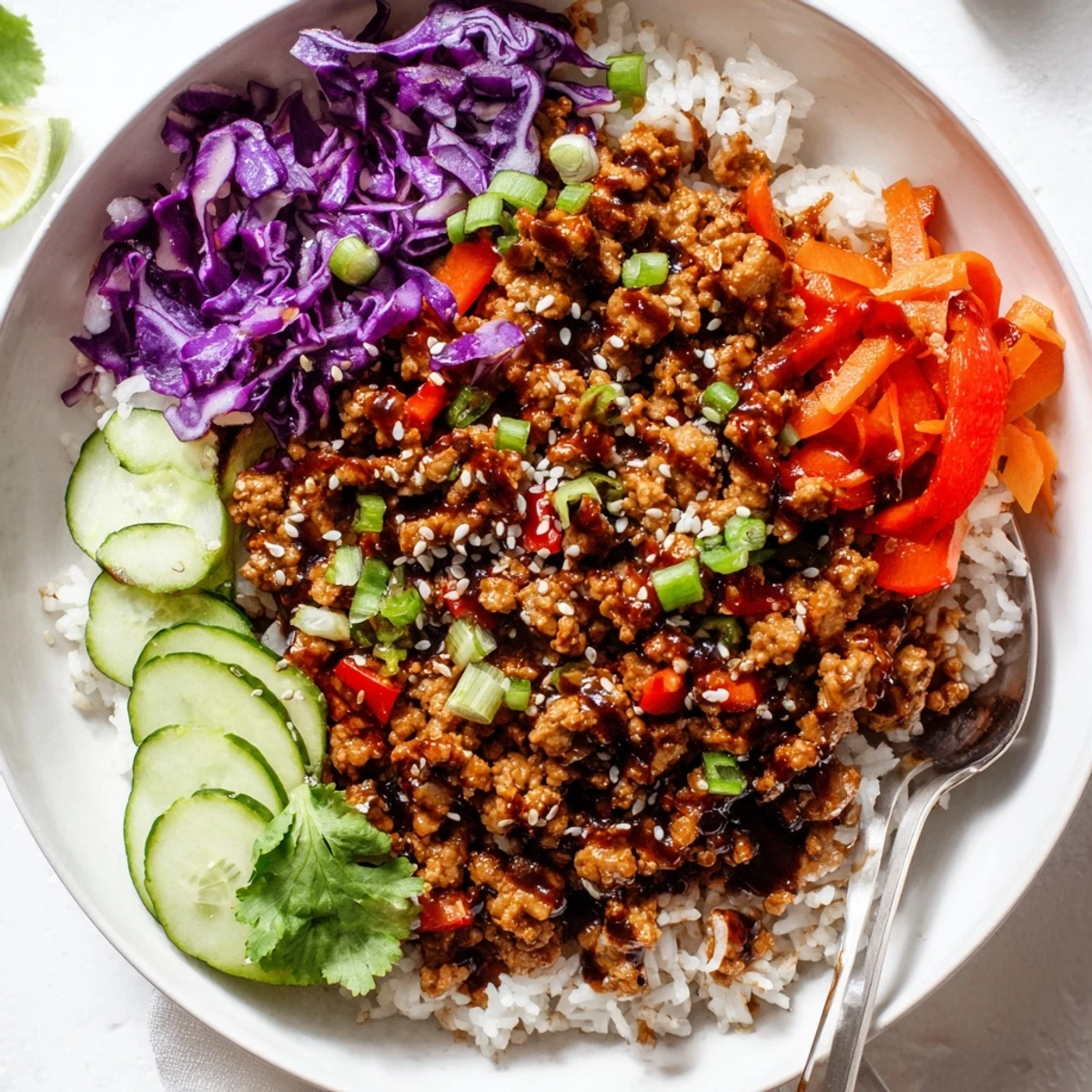 Savory ground turkey rice bowls drizzled with tangy sauce alongside shredded cabbage and fresh cilantro