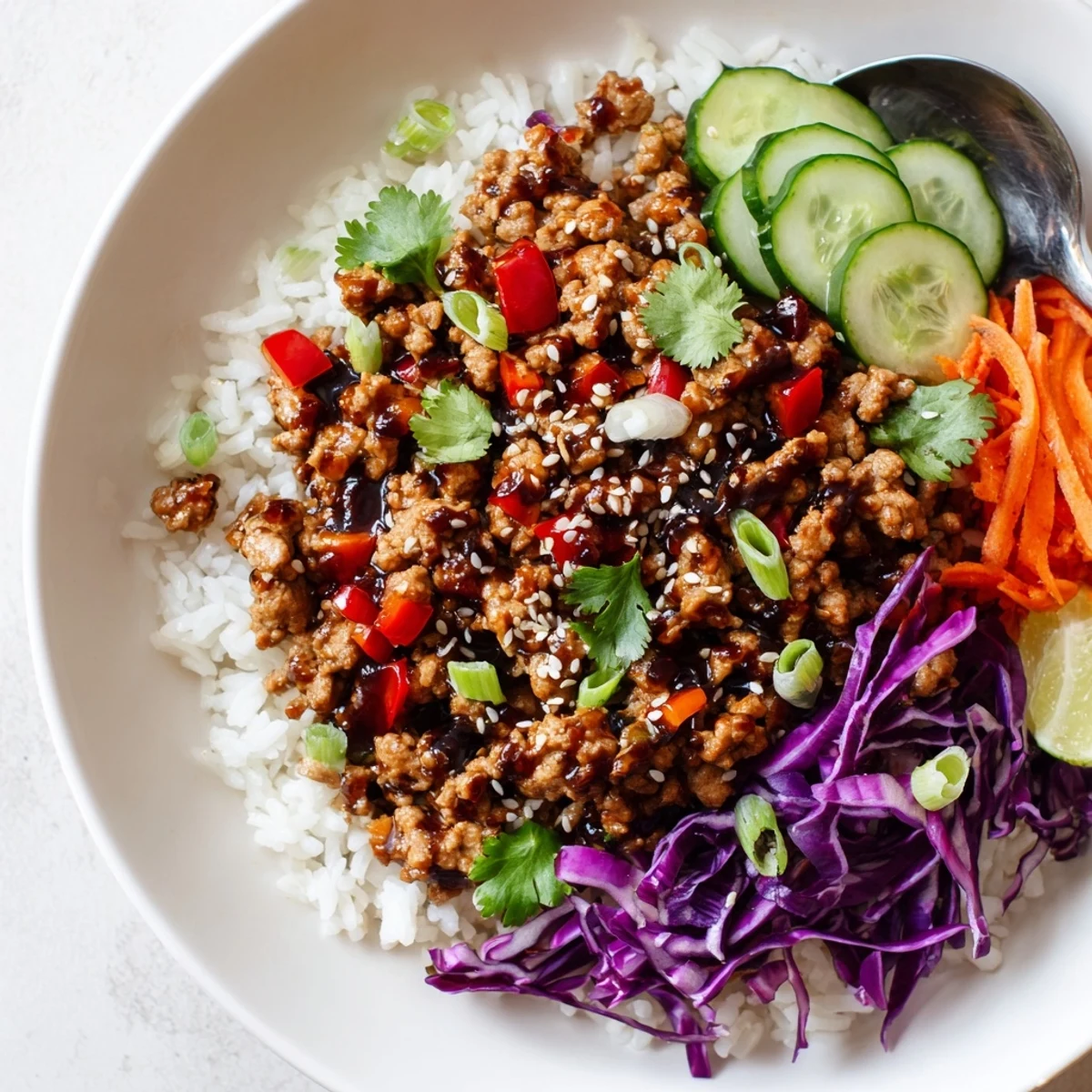 Hearty ground turkey rice bowls served in dark bowls with lime wedges and vibrant julienned vegetables