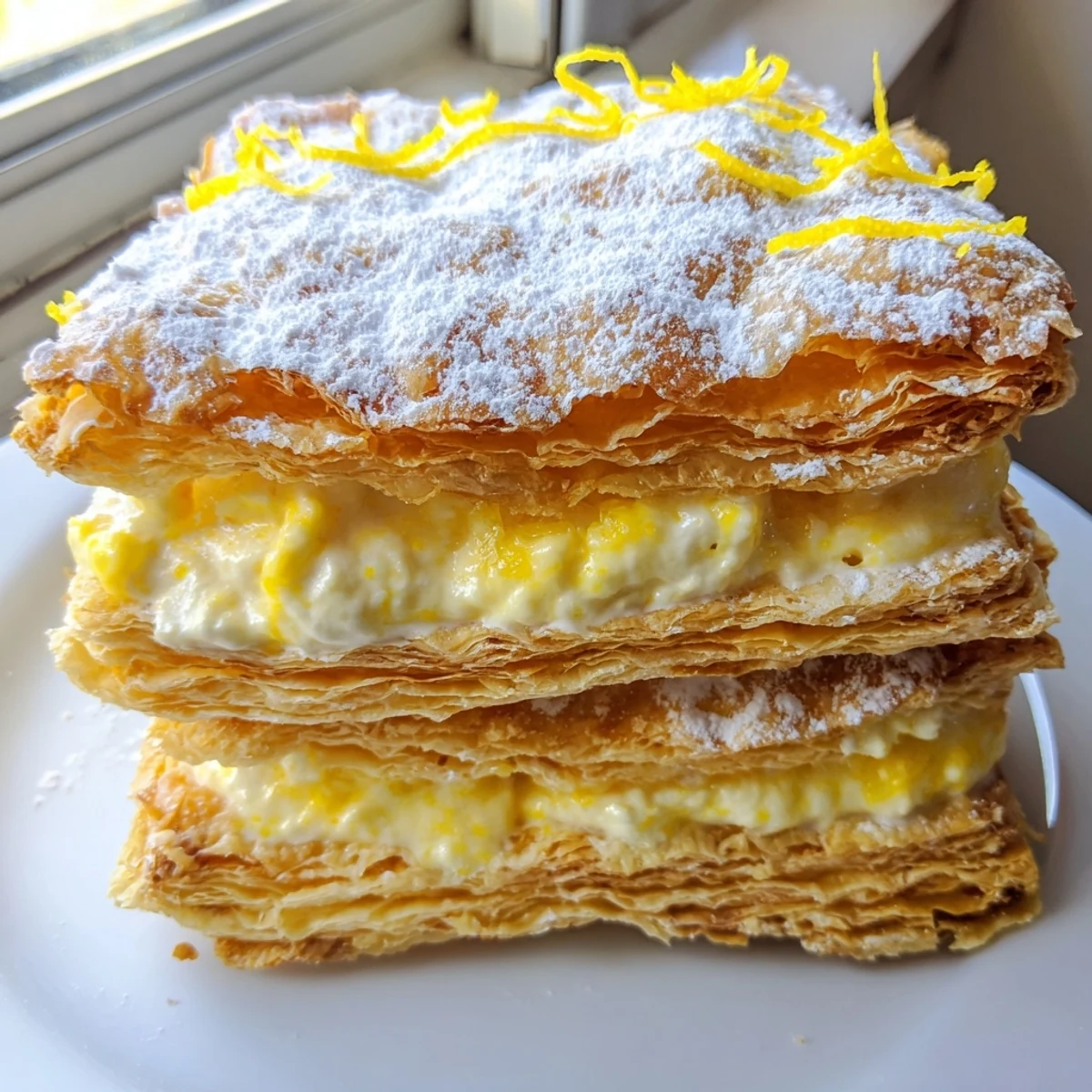 Golden layers of lemon ricotta puff pastry mille feuille dusted with powdered sugar on a white plate