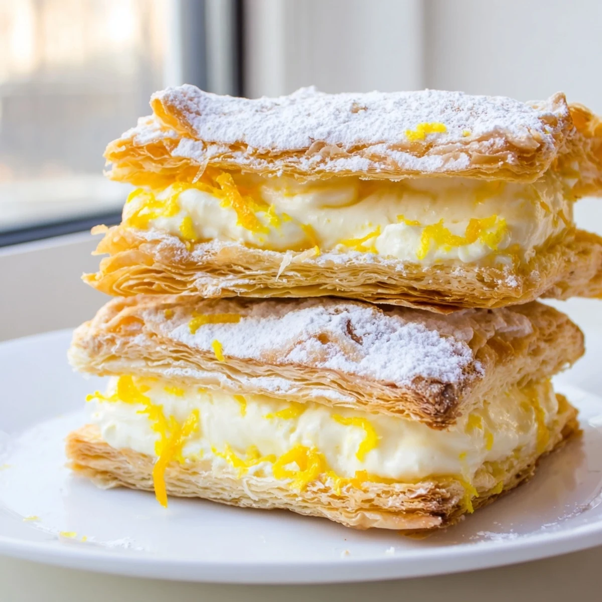 Creamy lemon ricotta filling oozes between crisp puff pastry mille feuille layers fresh from the oven