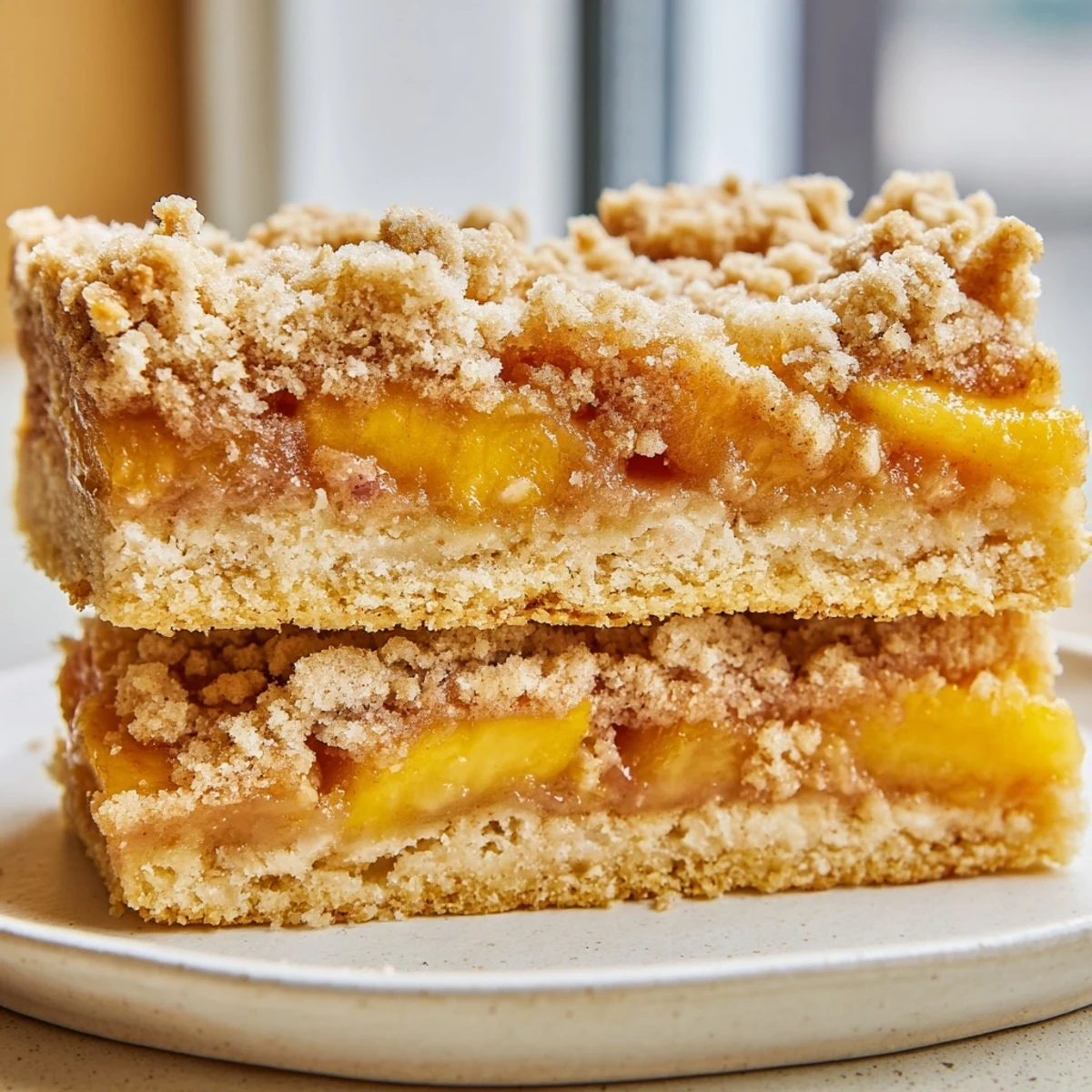 Homemade peach bars topped with spiced cinnamon streusel cooling on a parchment-lined pan