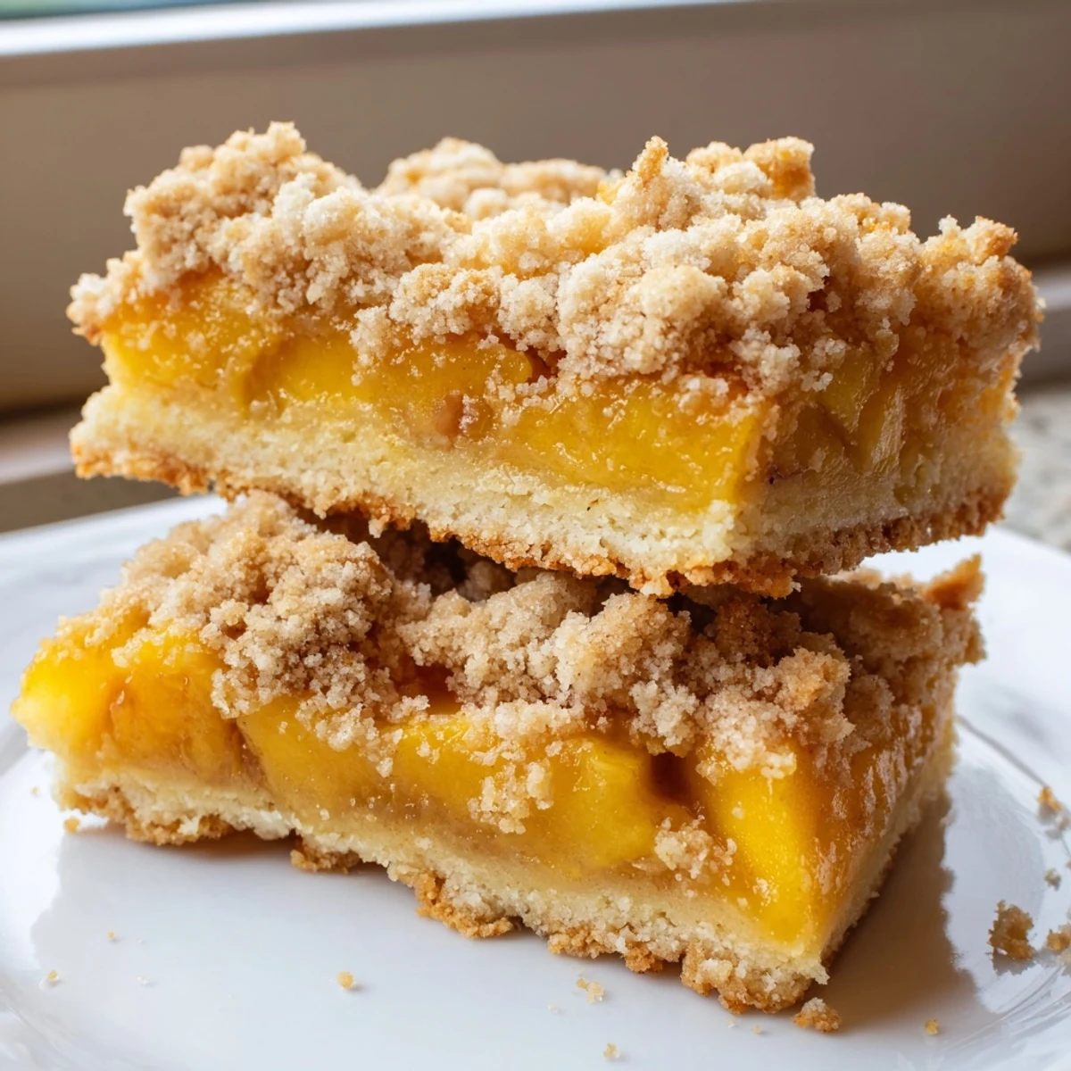 Golden peach bars with cinnamon streusel topping served warm on a rustic plate