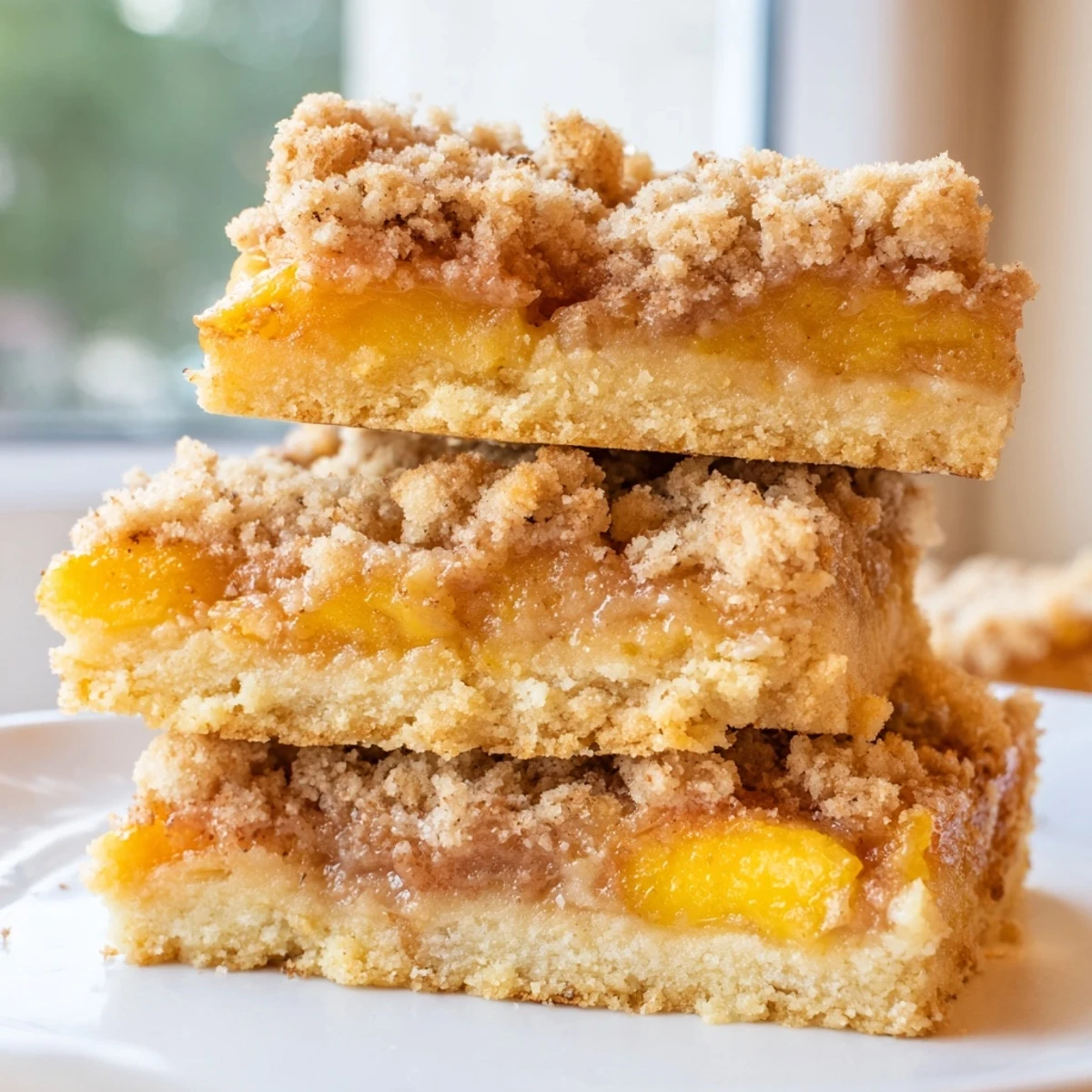 Sweet and buttery peach bars sliced into squares with a crumbly cinnamon streusel crust