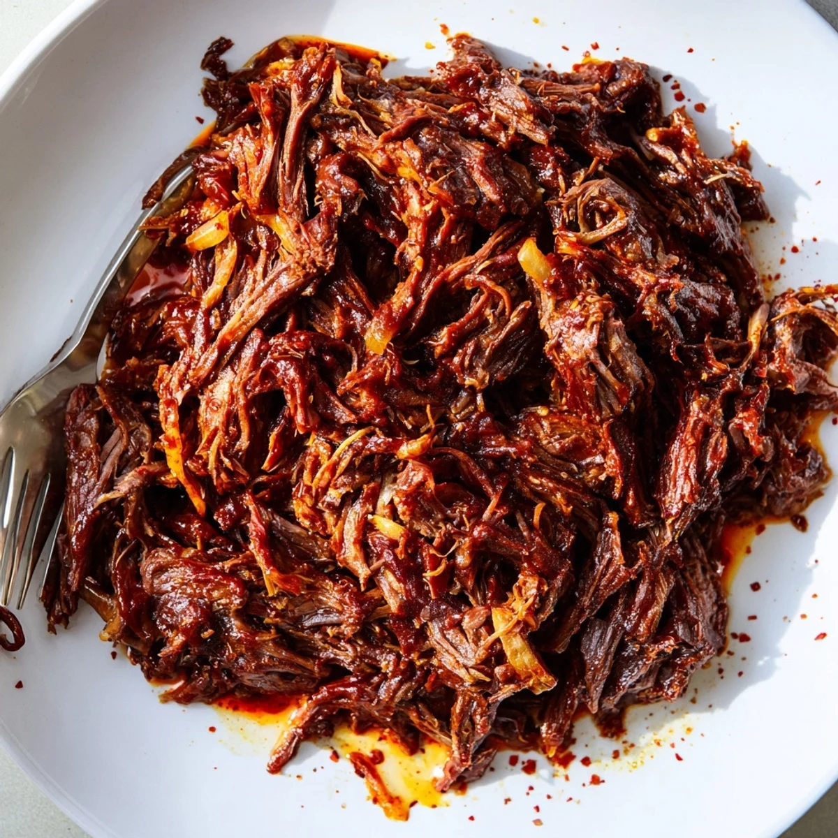 Hearty Slow Cooker BBQ Pulled Beef served over rice with tangy barbecue drizzle