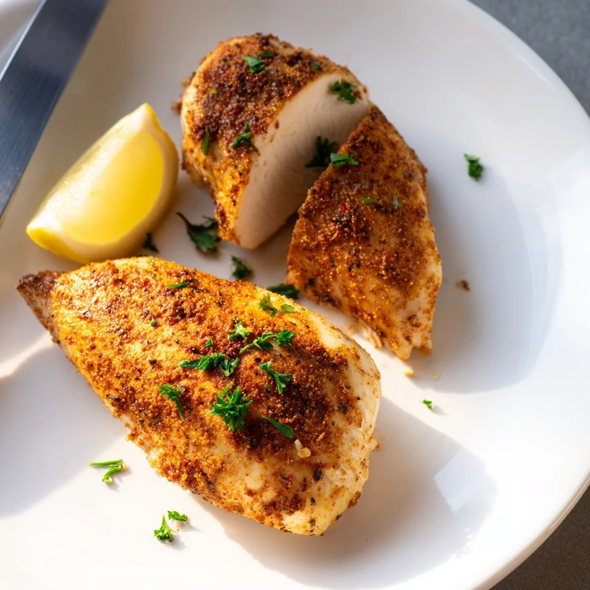 Golden oven baked chicken breasts garnished with fresh parsley on a white plate