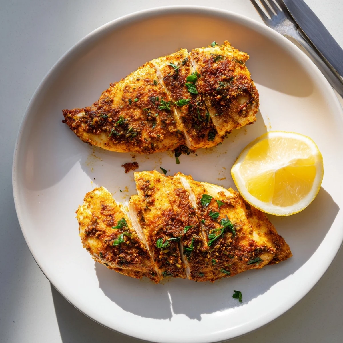 Juicy oven baked chicken breasts sliced open showing tender herb-crusted golden meat
