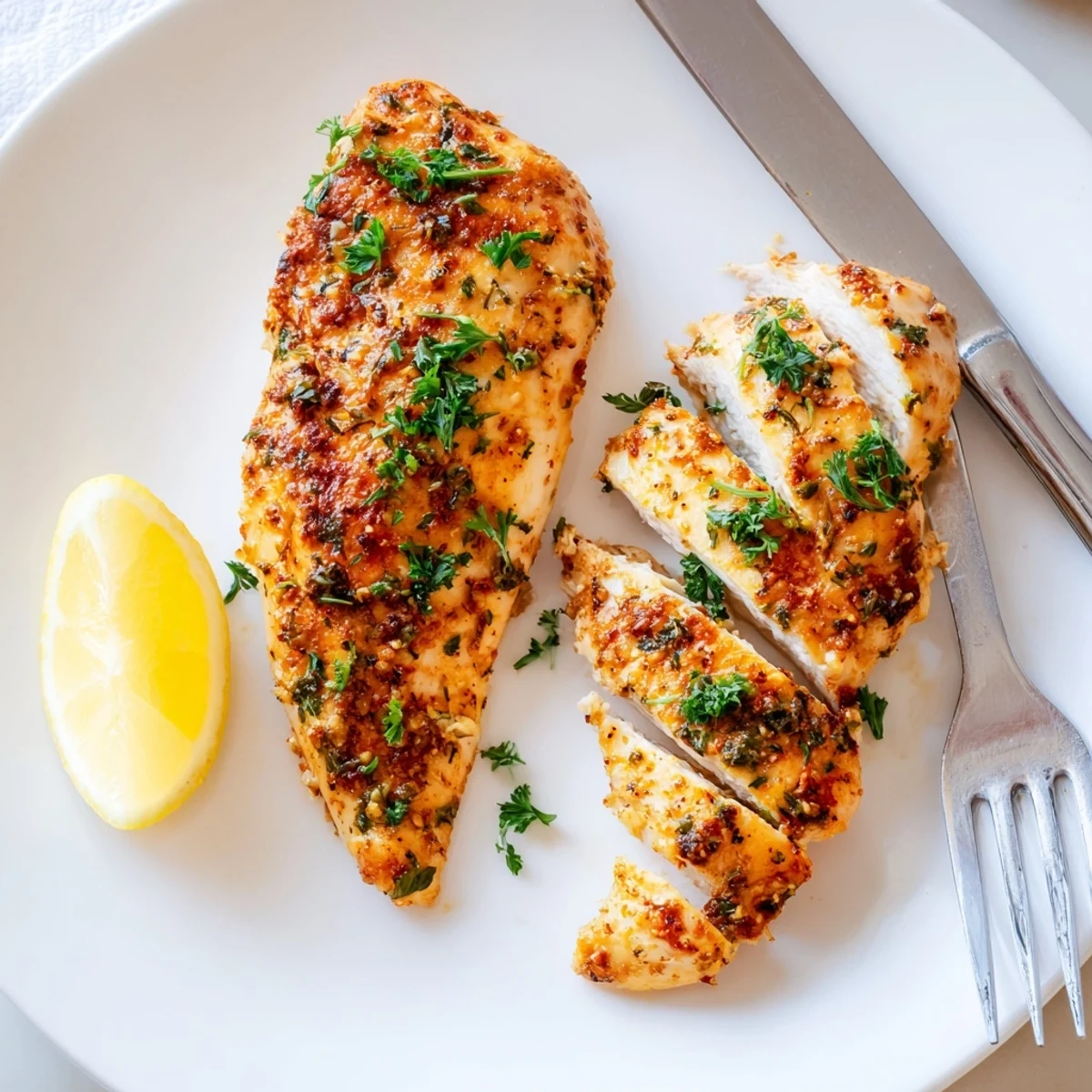Perfectly seasoned oven baked chicken breasts served with roasted vegetables and lemon wedges