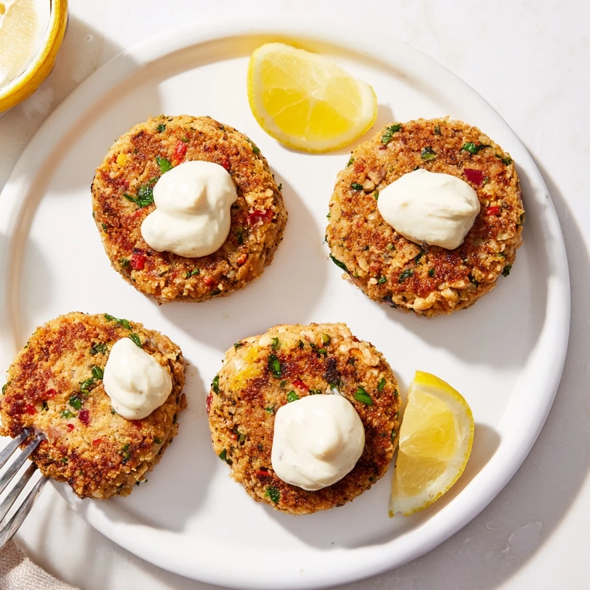Golden pan-fried lemon garlic Alaska salmon cakes plated with creamy aioli dipping sauce