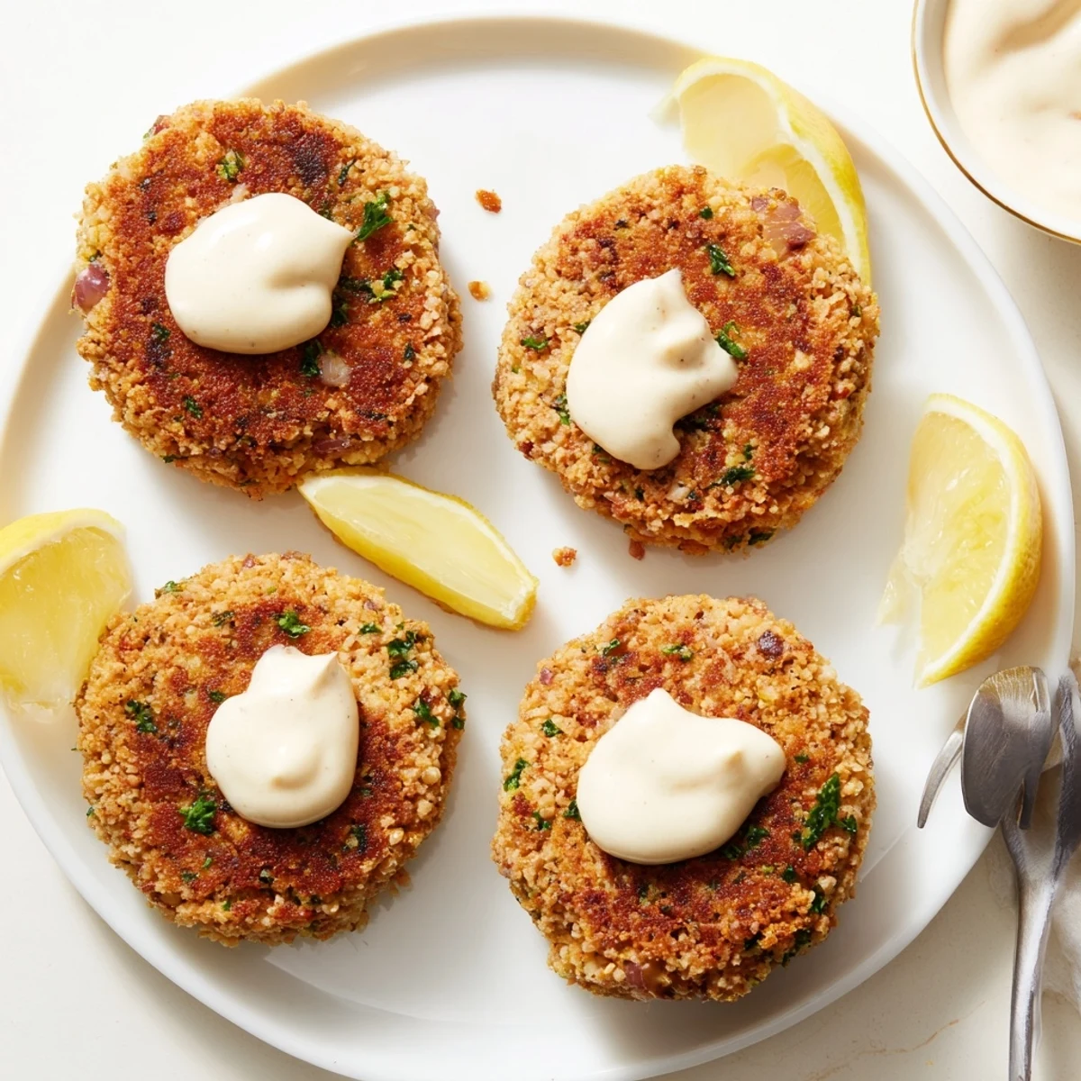 Crispy lemon garlic Alaska salmon cakes served hot with tangy homemade aioli