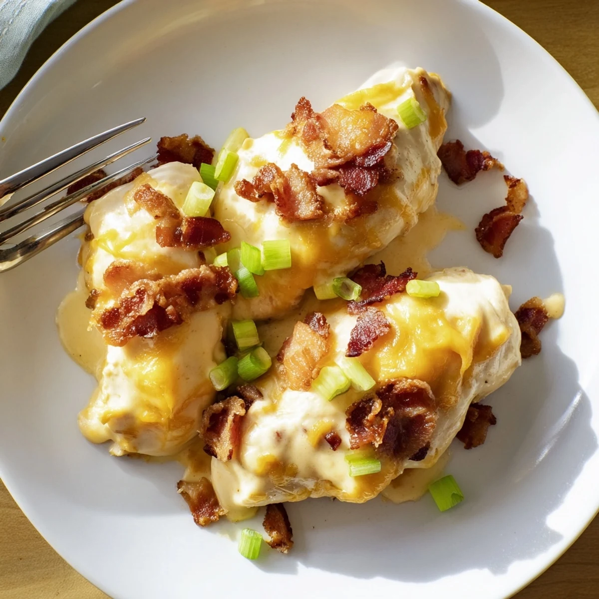 Golden bubbly Baked Crack Chicken smothered in creamy ranch cheese sauce with crispy bacon
