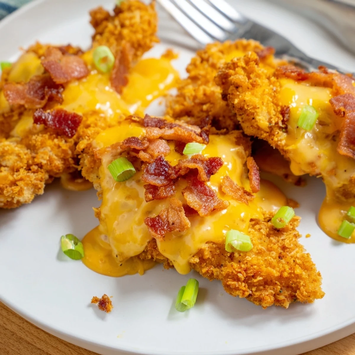 Baked Crack Chicken topped with melted cheddar crumbled bacon and fresh green onions