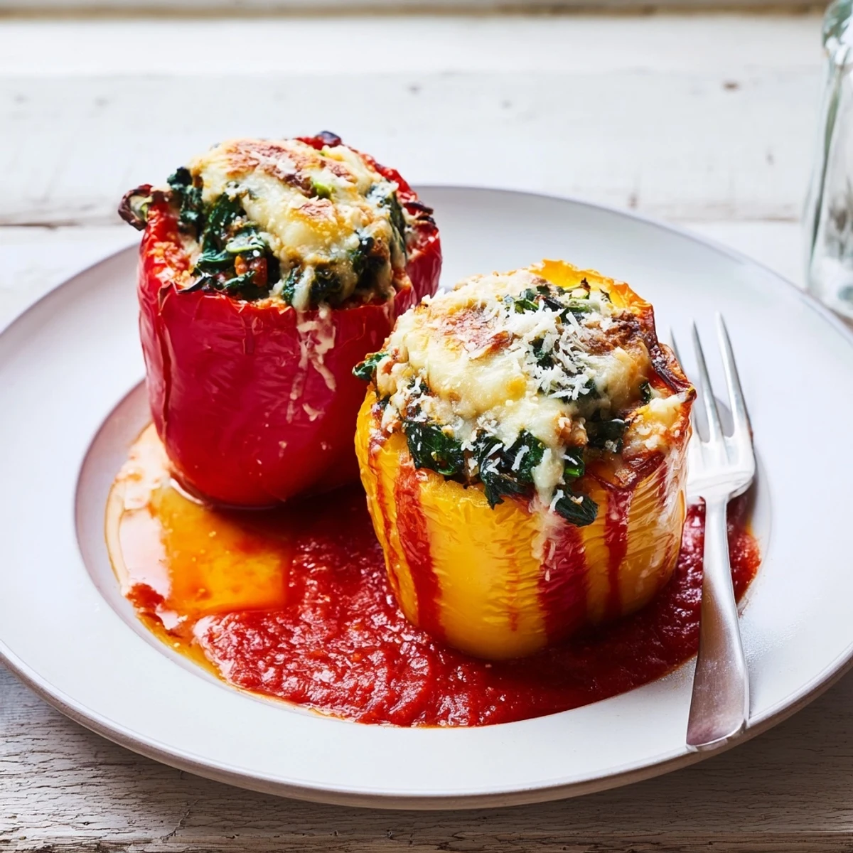 Golden baked ricotta stuffed peppers with melted mozzarella and fresh basil on top
