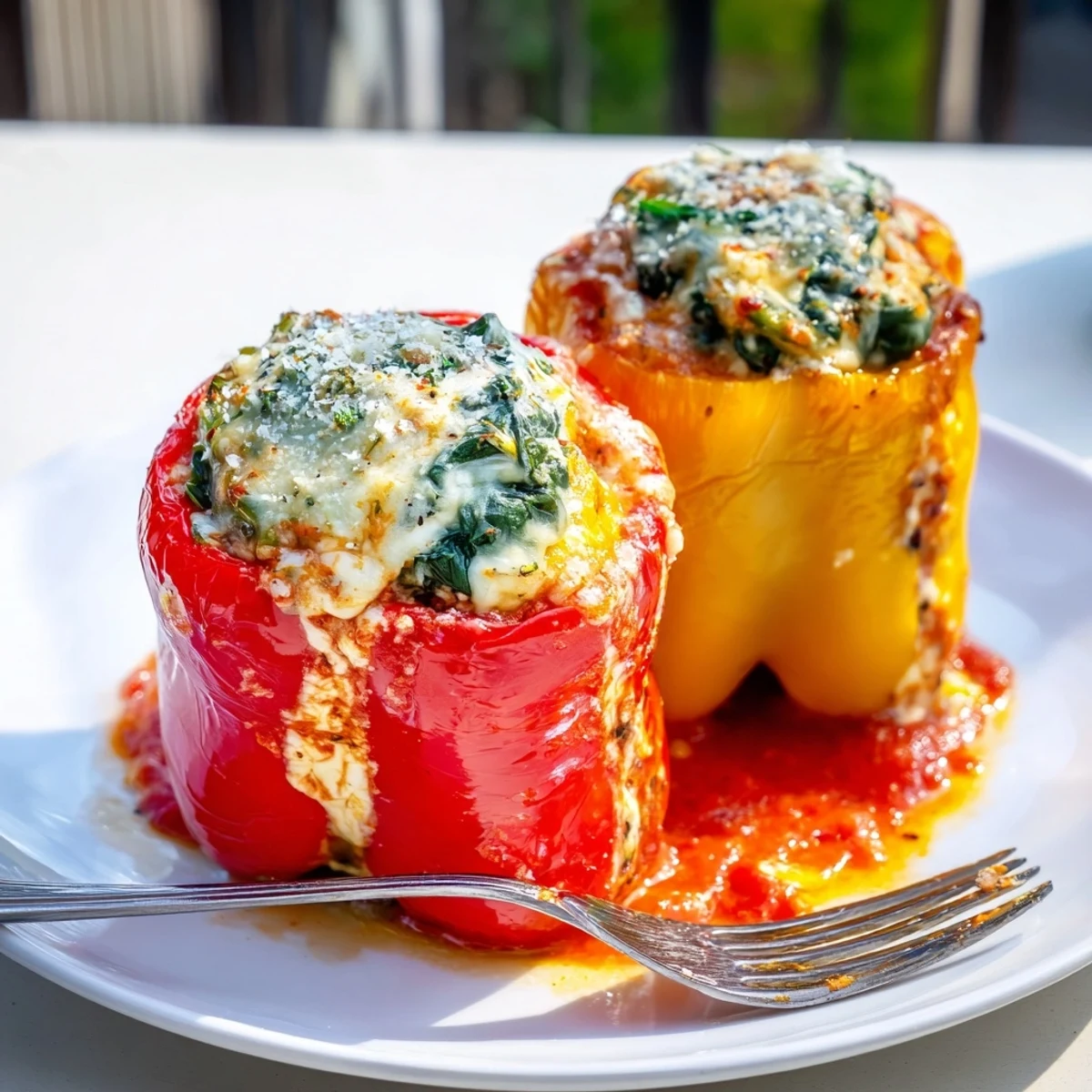Vibrant bell peppers overflowing with creamy spinach ricotta filling in tomato sauce