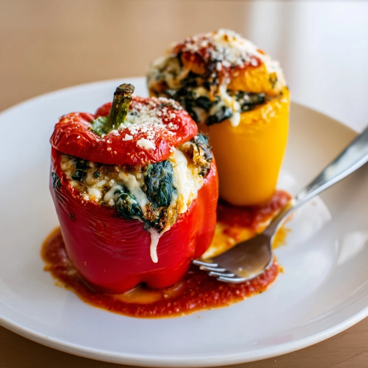Tender ricotta stuffed peppers served upright in a rustic baking dish with herbs