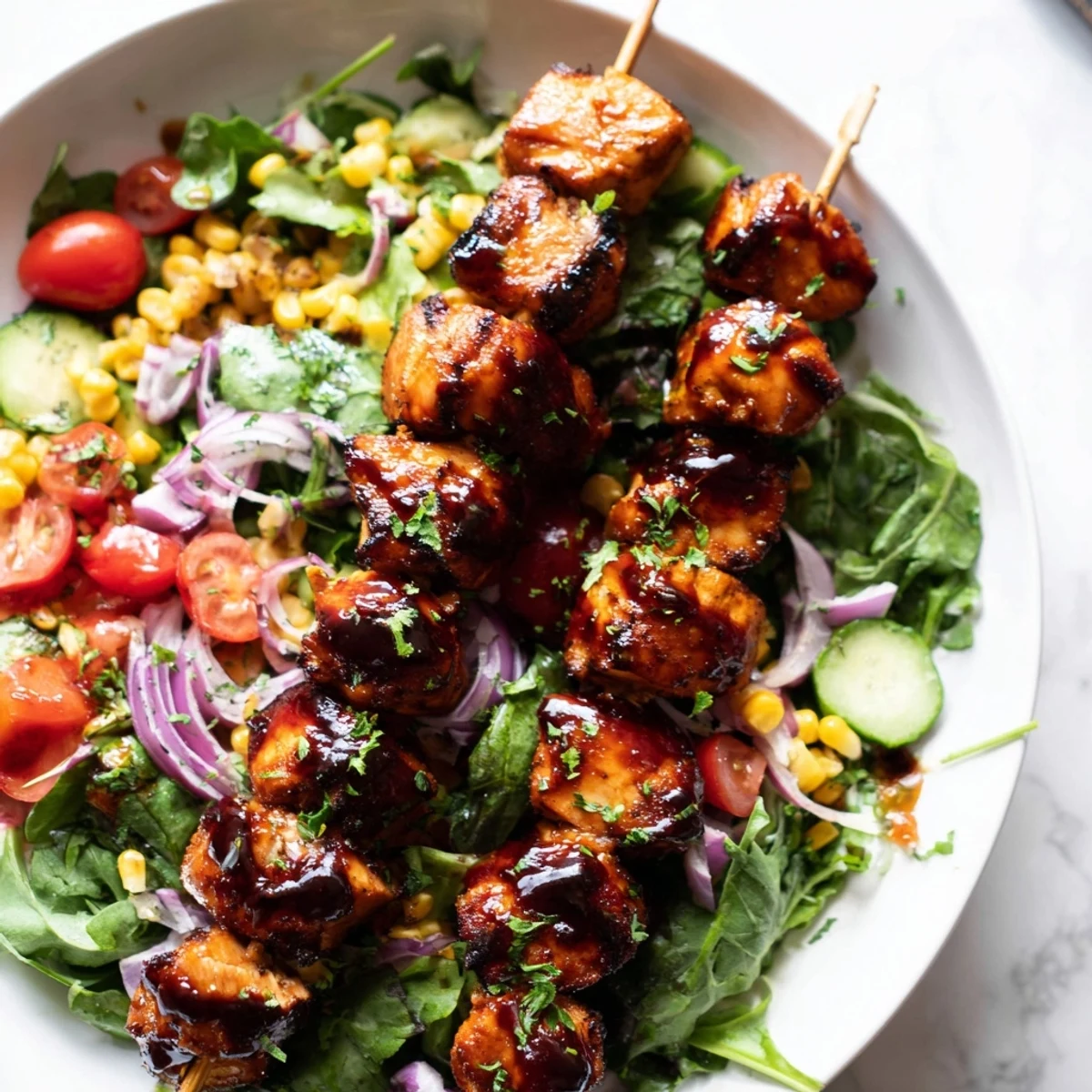 Juicy BBQ chicken skewers resting on a bed of crisp mixed greens with tangy dressing