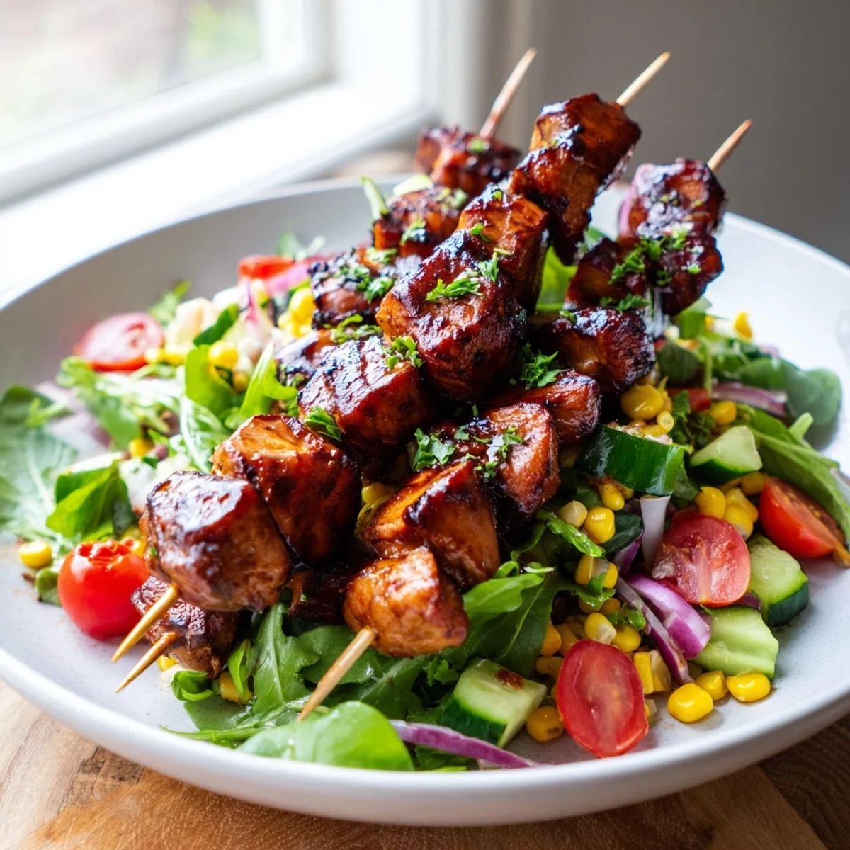 Smoky grilled BBQ chicken skewer salad topped with colorful bell peppers and cherry tomatoes