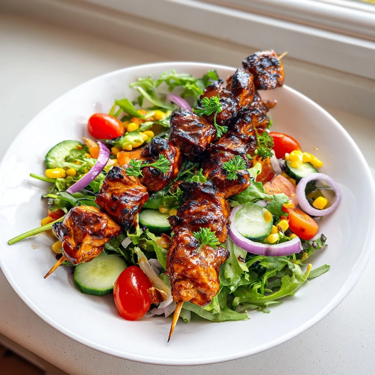 Charred BBQ chicken skewers served over fresh arugula with sweetcorn and a honey mustard dressing