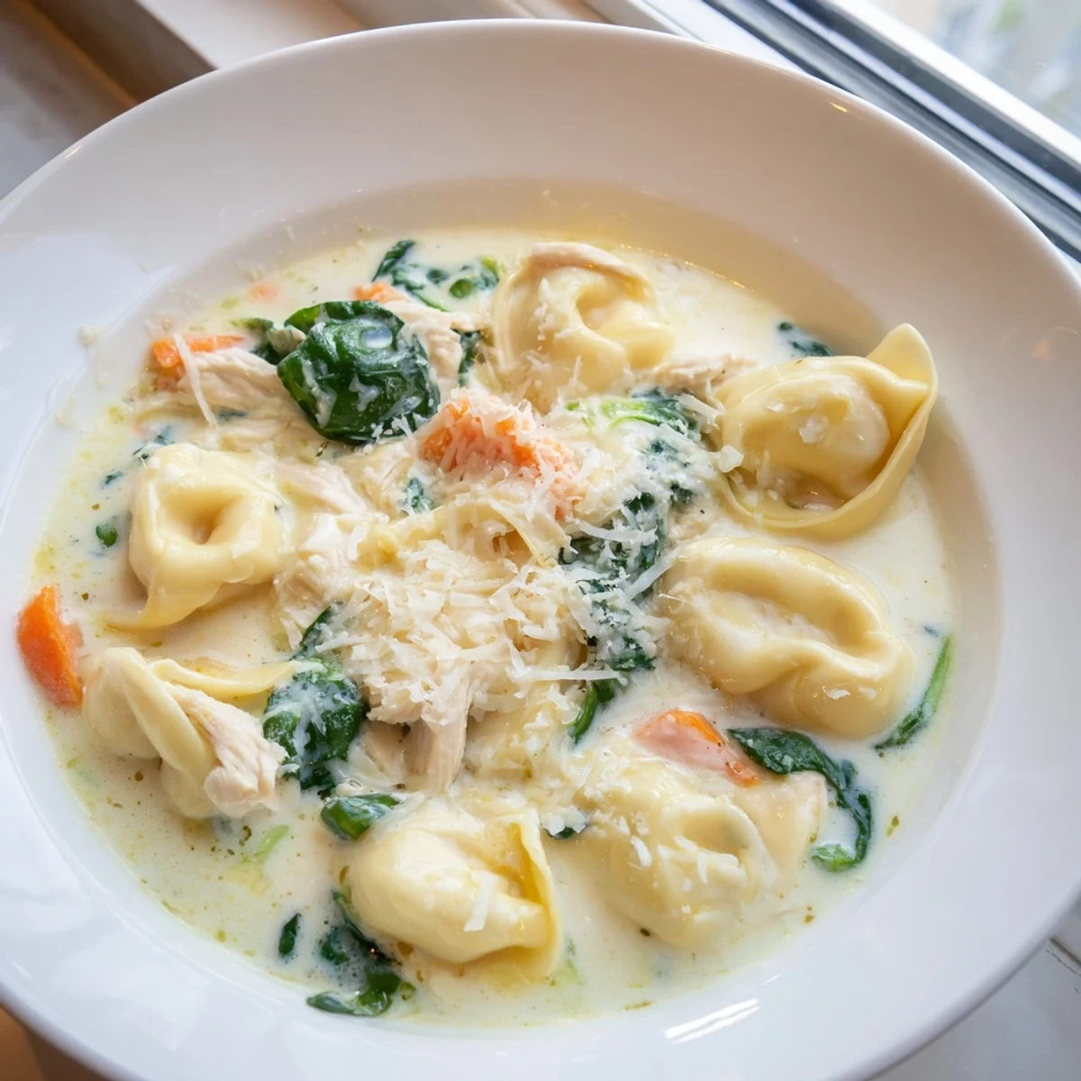 Steaming bowl of crockpot chicken tortellini topped with melted Parmesan and fresh baby spinach