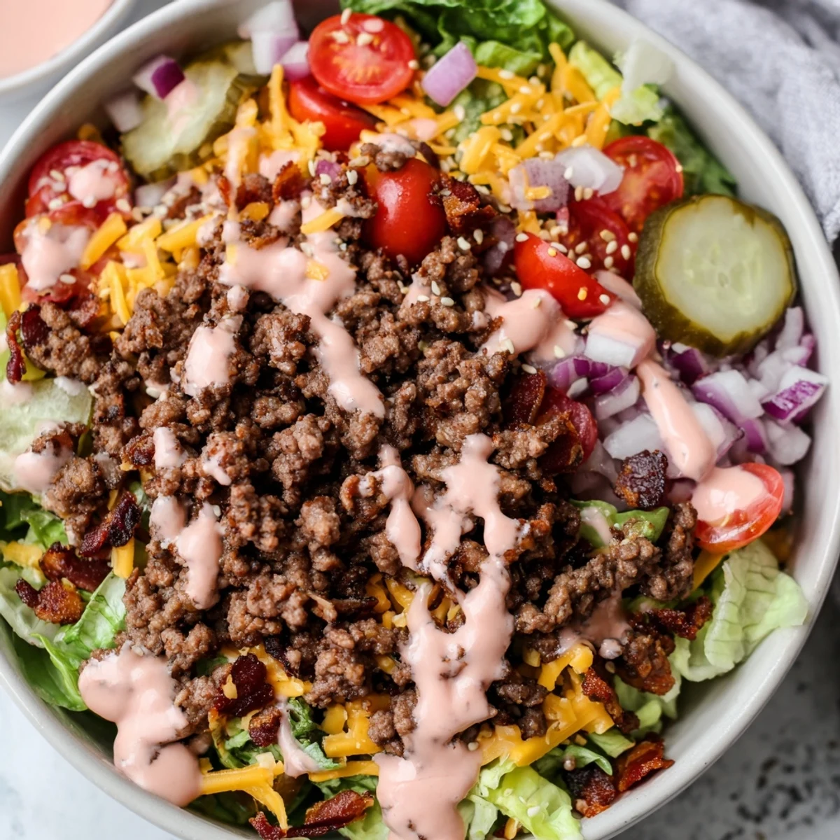 Colorful burger bowls featuring crisp lettuce, ripe tomatoes, and tangy pickles