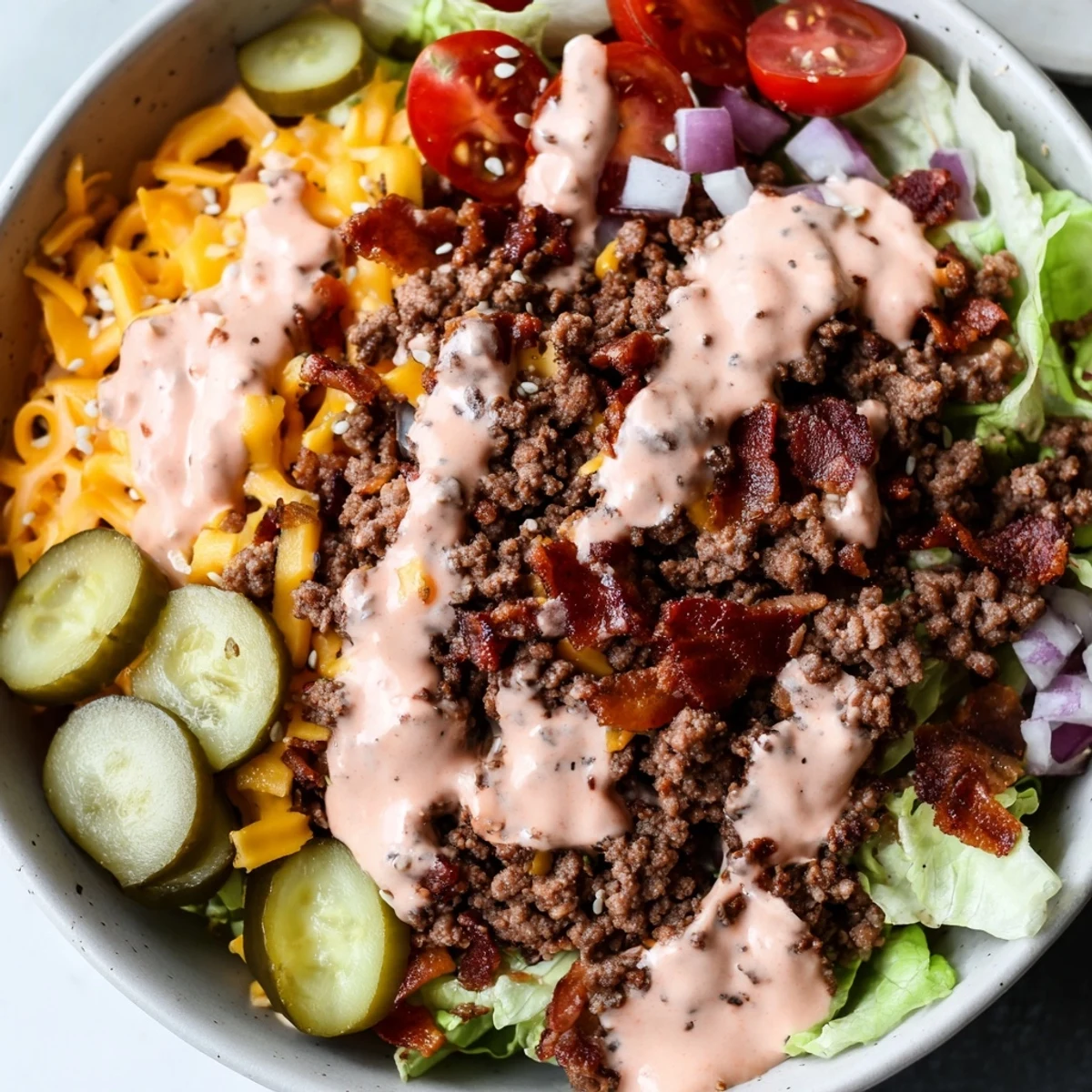 Juicy burger bowls loaded with seasoned ground beef and melted cheddar cheese