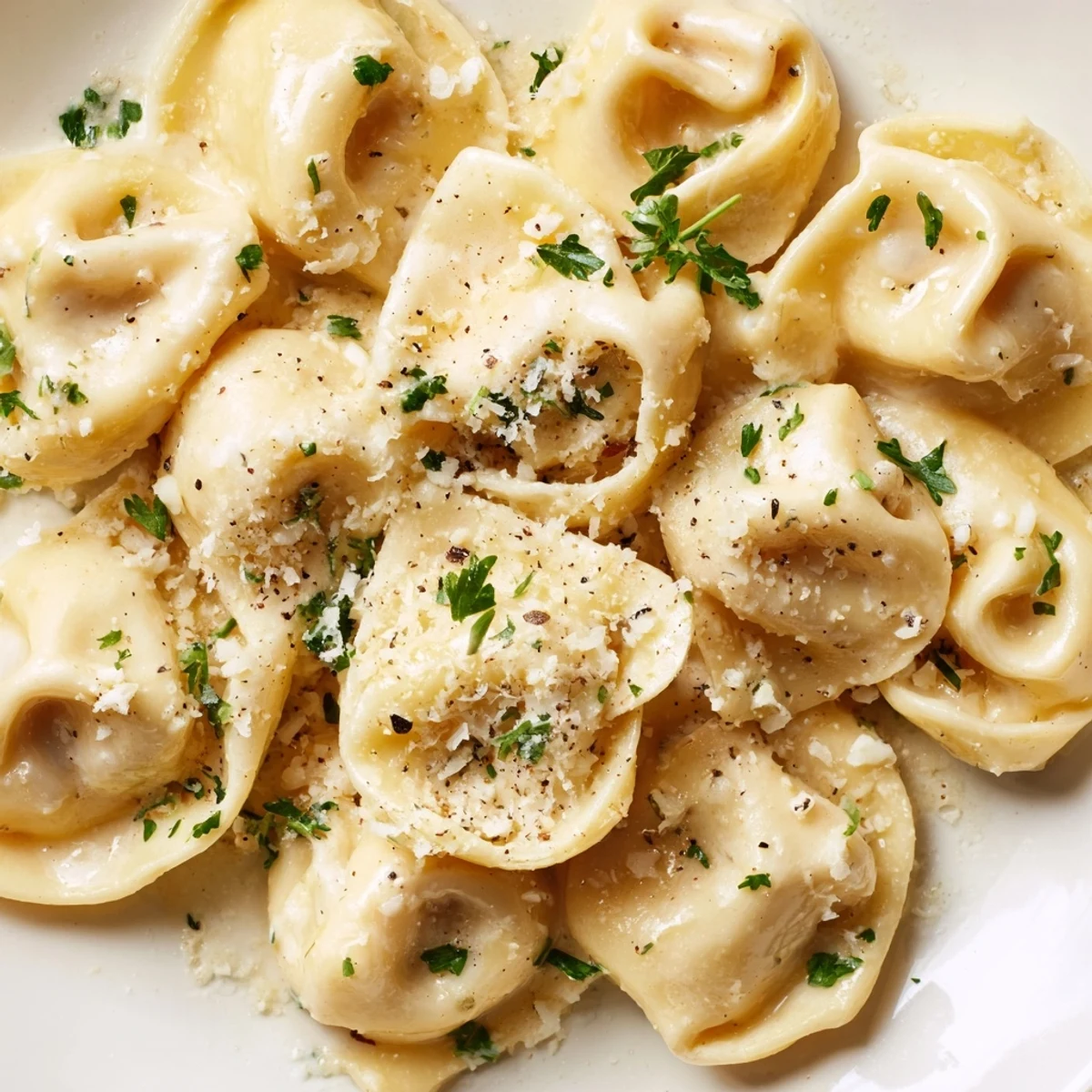 Steaming chicken tortellini tossed in silky cream sauce topped with cracked black pepper