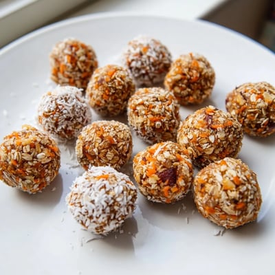 Small, bite-sized No Bake Carrot Cake Bites are arranged on a plate with a drizzle of maple syrup.