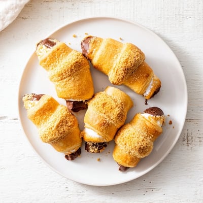 Warm Smores Crescent Rolls sit on a rustic plate, their flaky crust crackling beside a glass of cold milk for dipping.