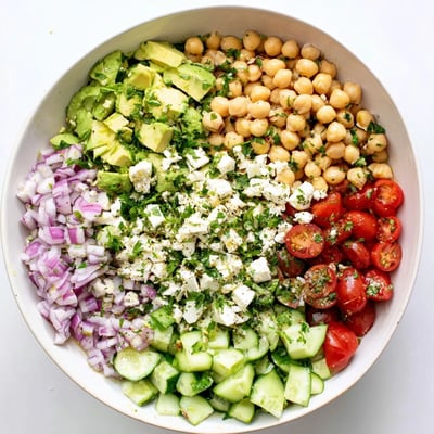 A close-up view of Chickpea Feta Avocado Salad shows red onions, cucumbers, and chickpeas tossed in olive oil.
