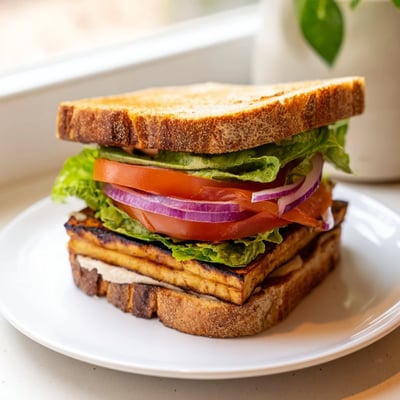Golden smoky tofu slices layered in a fresh summer TLT Sandwich with crunchy lettuce leaves