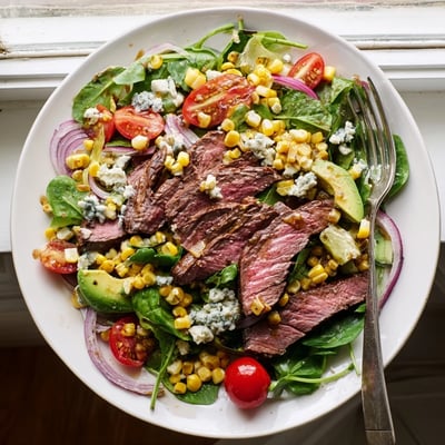 Juicy marinated steak atop crisp greens, crumbled Gorgonzola, and charred sweet corn