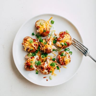 Sliced honey BBQ chicken draped over crispy potatoes with bubbling cheese and green onions