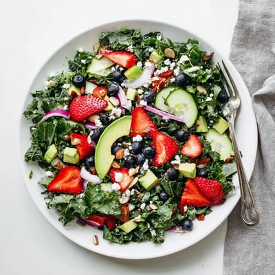 Chopped kale tossed with juicy strawberries, avocado, and a drizzled lemon-honey vinaigrette