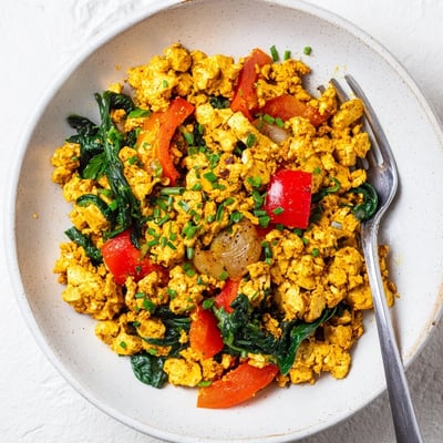 Creamy Tofu Scramble served hot with avocado toast and chopped chives