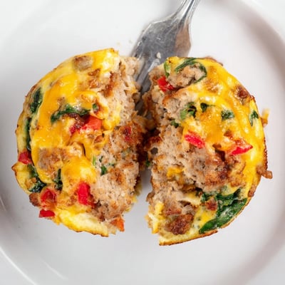 Bite-sized Turkey Sausage Egg Muffins with melted cheddar and flecks of spinach