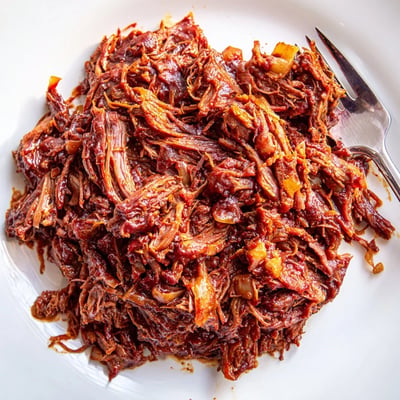 Tender Slow Cooker BBQ Pulled Beef shredded and glistening in rich smoky sauce